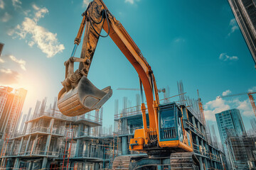 Excavator's robotic arm at a bioengineering construction site against a blue sky