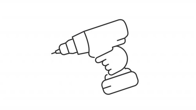 Animated drill icon. Drilling machine line animation. Construction professional tool. Electrical tool. Black illustration on white background. HD video with alpha channel. Motion graphic
