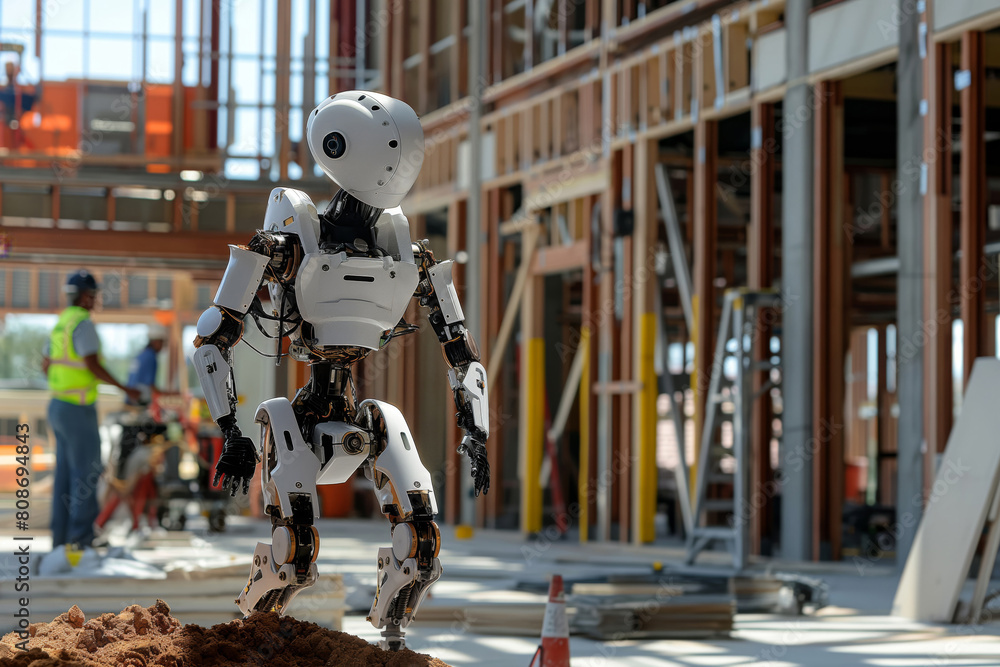 Poster image showcasing a humanoid robot on a busy construction site, hinting at the future of automation i