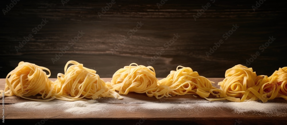 Poster an image featuring a row of pasta on a background with flour. copy space image. place for adding tex