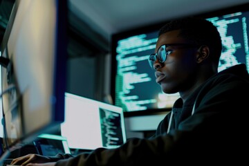 Portrait of young African-American programmer sitting at desk in software development studio