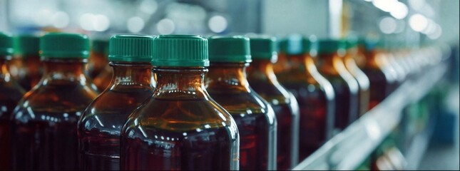  Bottles of brown liquid with green caps on the production line in an industrial factory. The closeup shot shows rows of glass bottles filled and placed neatly together, ready for packaging into boxes