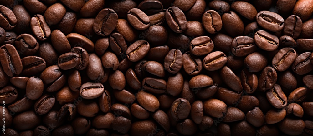Poster an image featuring a background of coffee beans specifically showcasing arabica coffee beans that ha