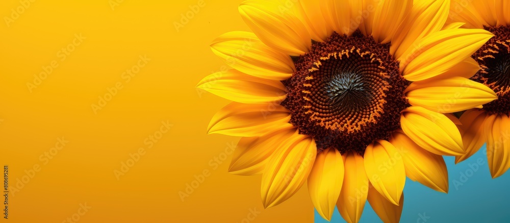 Poster close up image of a yellow sunflower with empty space for text or design elements. copy space image.