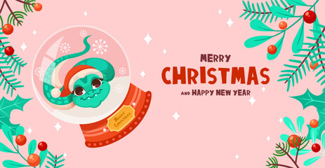 A festive Christmas illustration with a cute dinosaur in a snow globe, holiday decorations, and pink background. Vector illustration