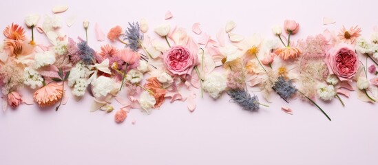 A trendy and eco friendly decoration consists of dried real flowers that can be used as biodegradable confetti This flat lay image features a girly postcard and ample copy space