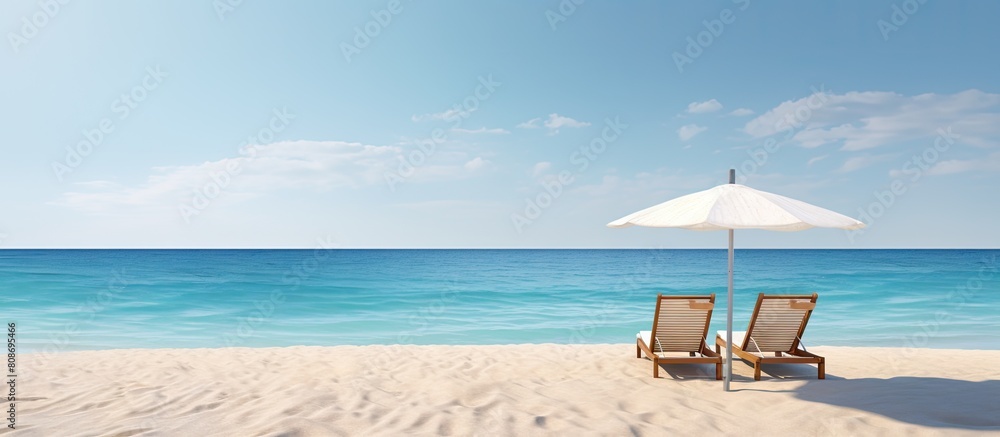 Poster a serene beach scene showing two sunbeds facing the ocean with a generous amount of empty space for 