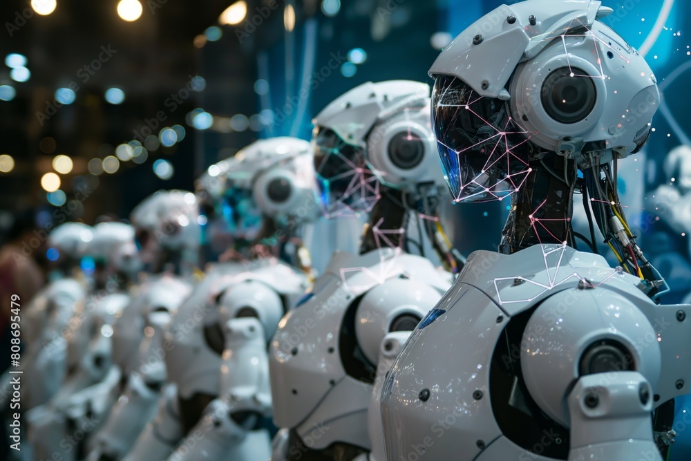Poster photo capturing interconnected robots with a focus on futuristic technology