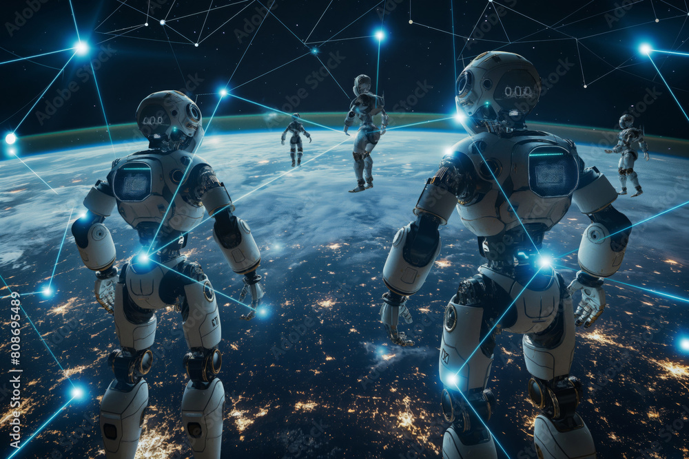 Aufkleber futuristic robots interconnected by a global digital network against a cosmic backdrop