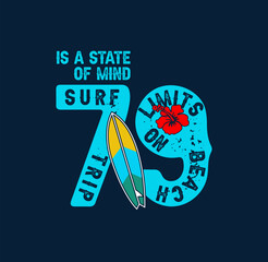 Vector illustration on the theme of surf and surfing in Hawaii. Vintage design. Typography, t-shirt graphics, poster, banner, flyer, print, postcard