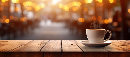 The image features a wood table with no objects on it set against a blurry background of a coffee shop with bokeh effects. Copy space image. Place for adding text and design