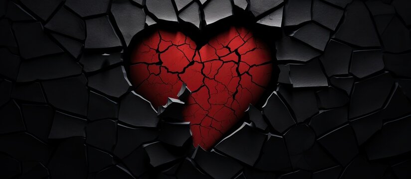 Top view of a broken heart concept featuring a heart shaped image cutout on a black background with ample copy space