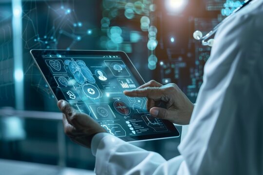 Digital healthcare innovation - doctor using tablet for patient data entry - medical technology