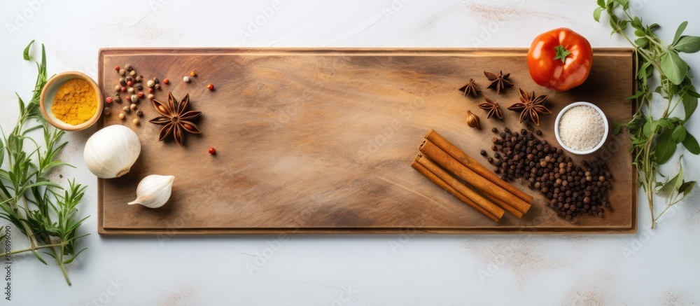 Poster a flat lay composition with a wooden cutting board assorted spices and a white marble table ample sp