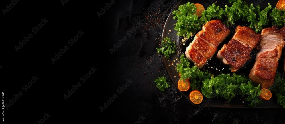 Poster view from above of a black plate with slices of baked pork meat and refreshing lettuce leaves creati