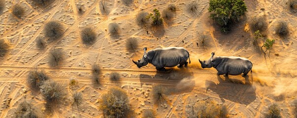 Aerial view of rhinos in the south african savanna (Biome) near Lephalale town, Limpopo region,...