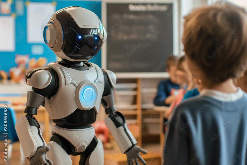 Poster humanoid robot interacts with attentive children in a contemporary classroom setting