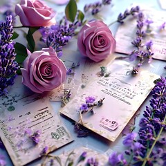 Beautiful vintage paper tag set with lovely roses and lavender -Generative AI
