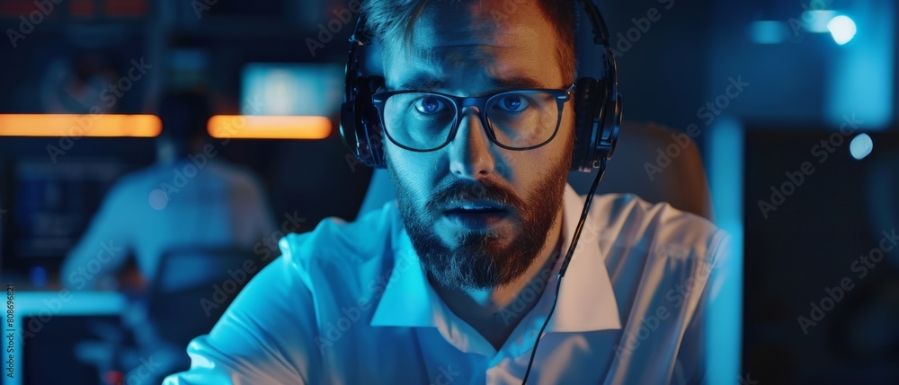 Poster a male customer support agent wearing a headset talks with a client online while looking at the comp