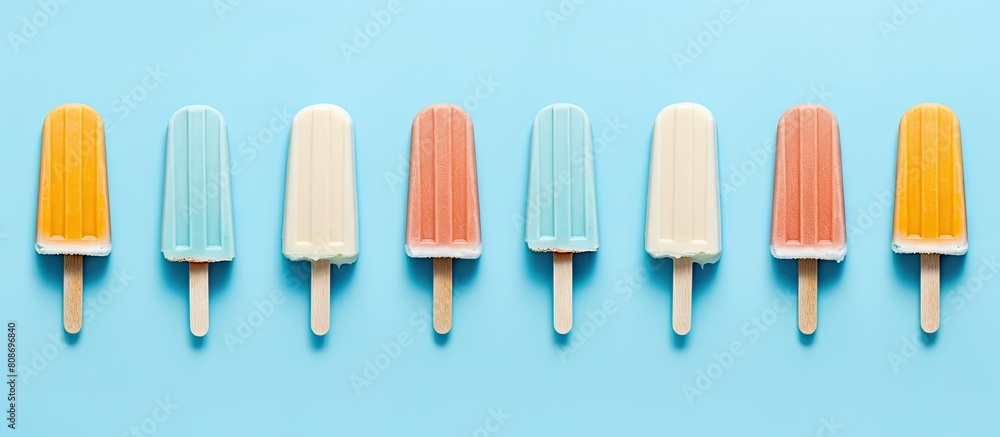Poster top view of a bright blue background adorned with a vibrant pop art pattern of colorful ice cream po