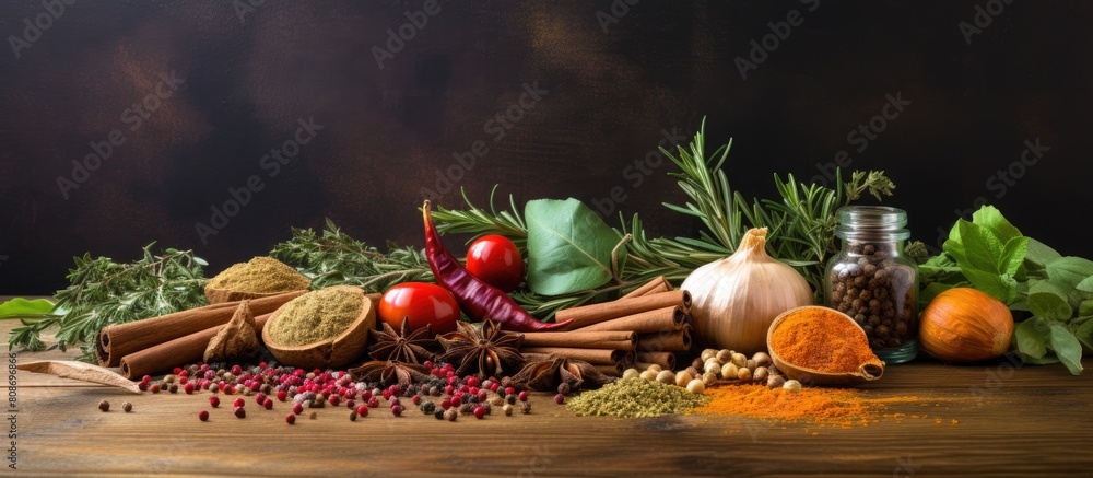 Poster on the old background there is a kitchen table showcasing an assortment of spices and seasonings pro