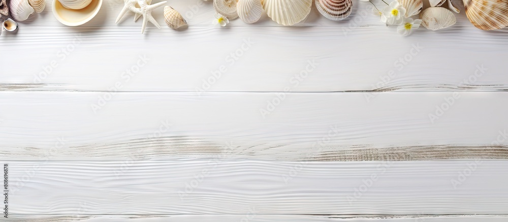 Poster top view of a white wooden table adorned with seashells creating a serene summer background perfect 