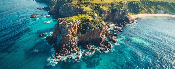 Aerial drone view of a rugged coastline in Philipp Island, Victoria, Australia.