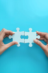 Connecting ideas concept with two hands fitting puzzle pieces together on a blue background, symbolizing solution and teamwork - AI generated
