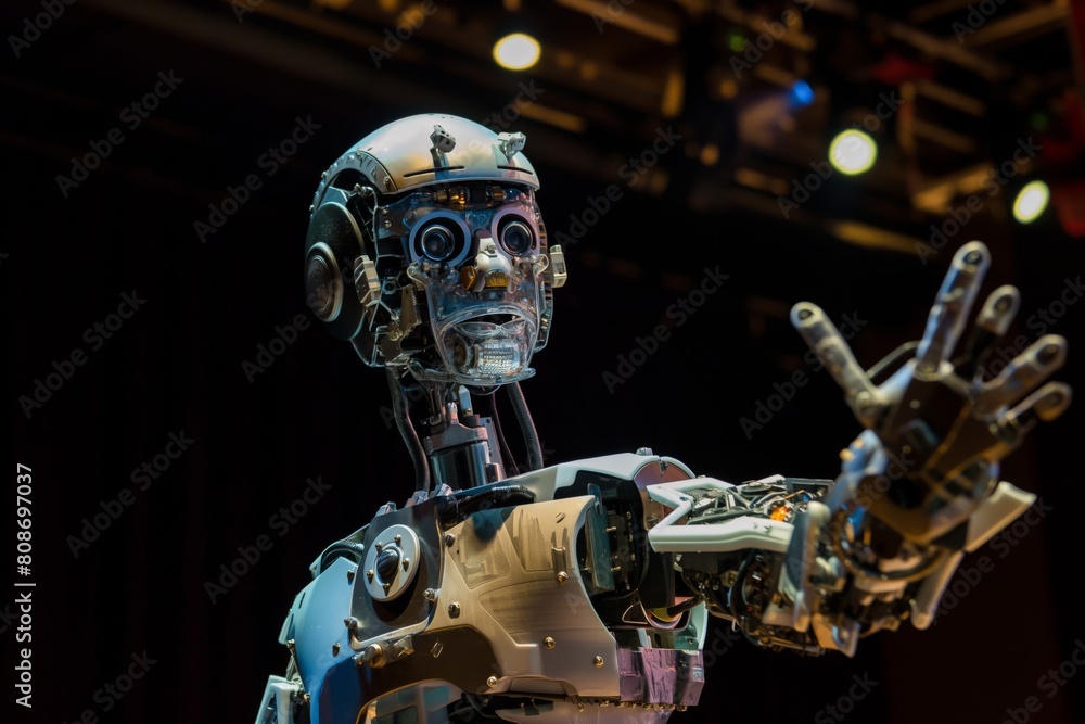 Poster spectacular theatrical robot performance showcasing futuristic humanoid robotics and artificial inte