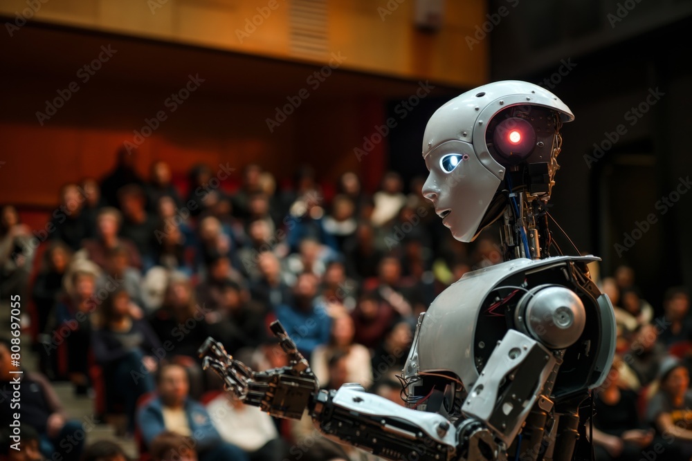 Poster Striking humanoid robot performing with a red light in its eye in front of a theater audience