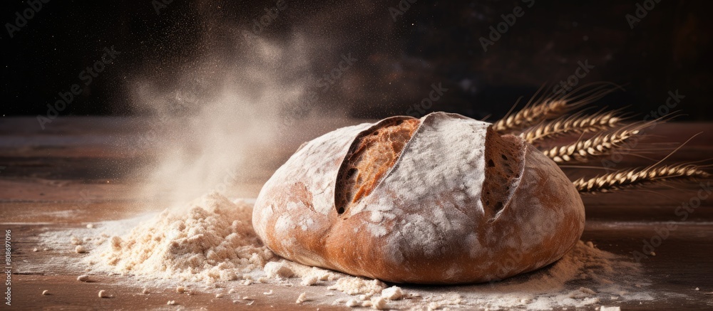 Poster a rustic loaf of homemade sourdough bread made with rye flour freshly harvested rye grains using a r
