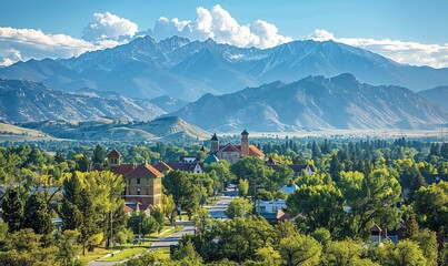 Downtown Bozeman, Montana seen from afar with mountains in the background