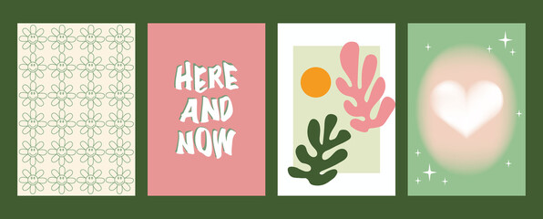 Flat illustration. Trendy y2k style posters with leaves, lettering, flowers, heart and gradient. Modern minimalist print. Perfect as a background pattern, textile design and home decor...