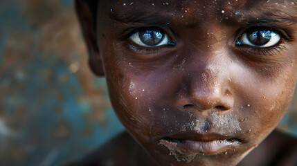 August 31, International Day of People of African Descent. June 4 is the International Day of Innocent Children - Victims of Aggression.
Portrait of dark-skinned dirty scared little boy