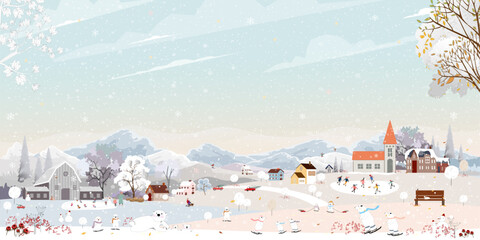 Christmas Background,Winter city landscape people celebration on street in town with snow falling on tree,Vector Cute banner Happy Family,Children having fun in village at night on New Year Eve 2025