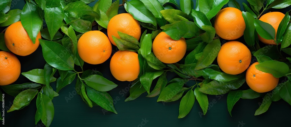 Poster Top view of a colorful background with fresh ripe mandarins and green leaves creating an ideal copy space image