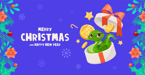 Vector illustration of a cute green snake in a gift box with holiday decorations and a festive greeting on a blue background, concept of whimsical Christmas. Vector illustration