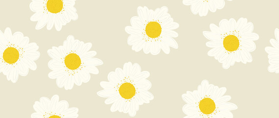 Flat seamless background. Abstract white chamomile flowers on a light brown background. Modern fashion print. Perfect for textile design, backgrounds, screensavers, posters, cards and invitations...