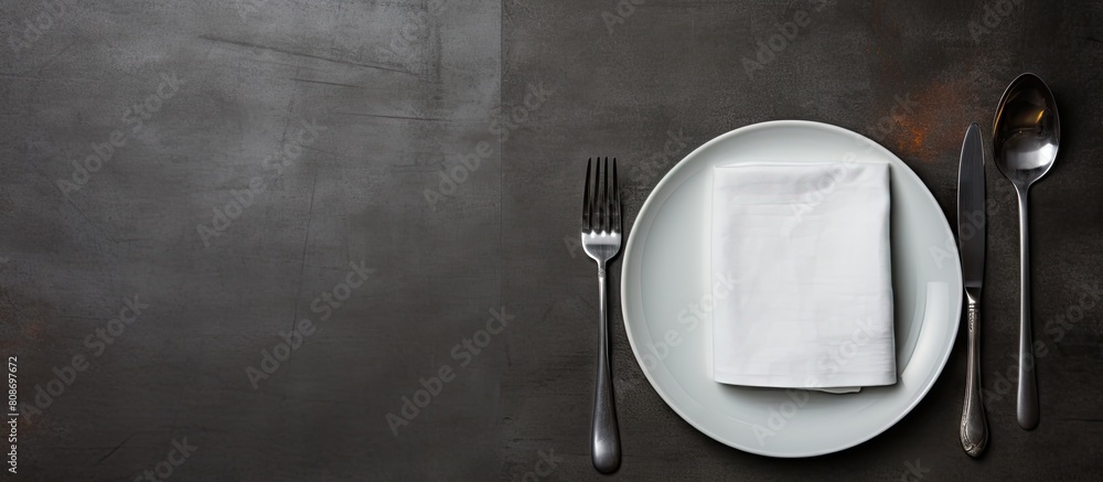 Poster a top down view of a table set with a white plate cutlery and napkin on a dark stone surface the ima