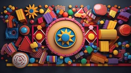 Create a whimsical and colorful 3D illustration of a toy chest filled with all sorts of toys