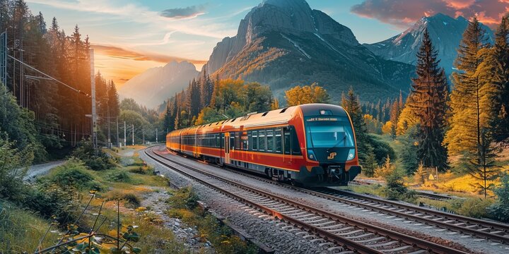 modern train driving on railroad tracks between coniferous trees and mountains under sky during summer day