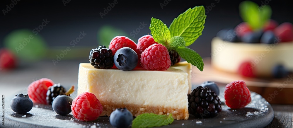 Poster delicious cheesecake slices topped with fresh berries creating an appetizing copy space image