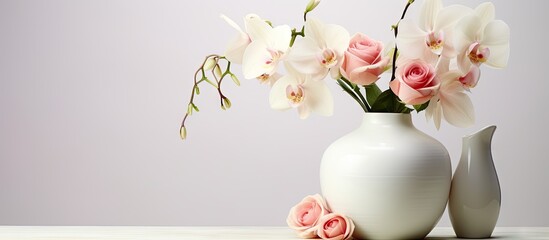 A white vase holds a beautiful arrangement of roses and orchids set against a pure white backdrop perfect for a copy space image