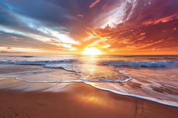 Golden sunset over vibrant sandy beach