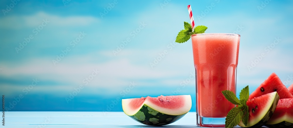 Poster a refreshing watermelon smoothie is presented with a delicious slice of fruit and a sprig of mint pl