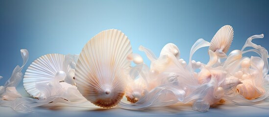 Copy space image of seashells adorned with delicate floral patterns or illuminated by soft ethereal light
