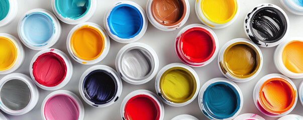Colorful paints gouache background. Gouache in jars background. Rainbow paints in jars.
