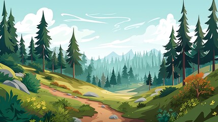 The image is a cartoon forest with a path leading into the distance