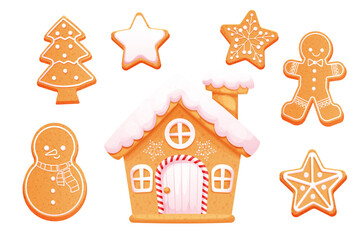 Gingerbread set cute snowman, man, stars, house and tree with icing decoration, seasonal dessert, cookies isolated on white background.
