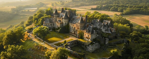 Aerial view of Chateau Saint-Hilaire, Curemonte village, Correze, France.